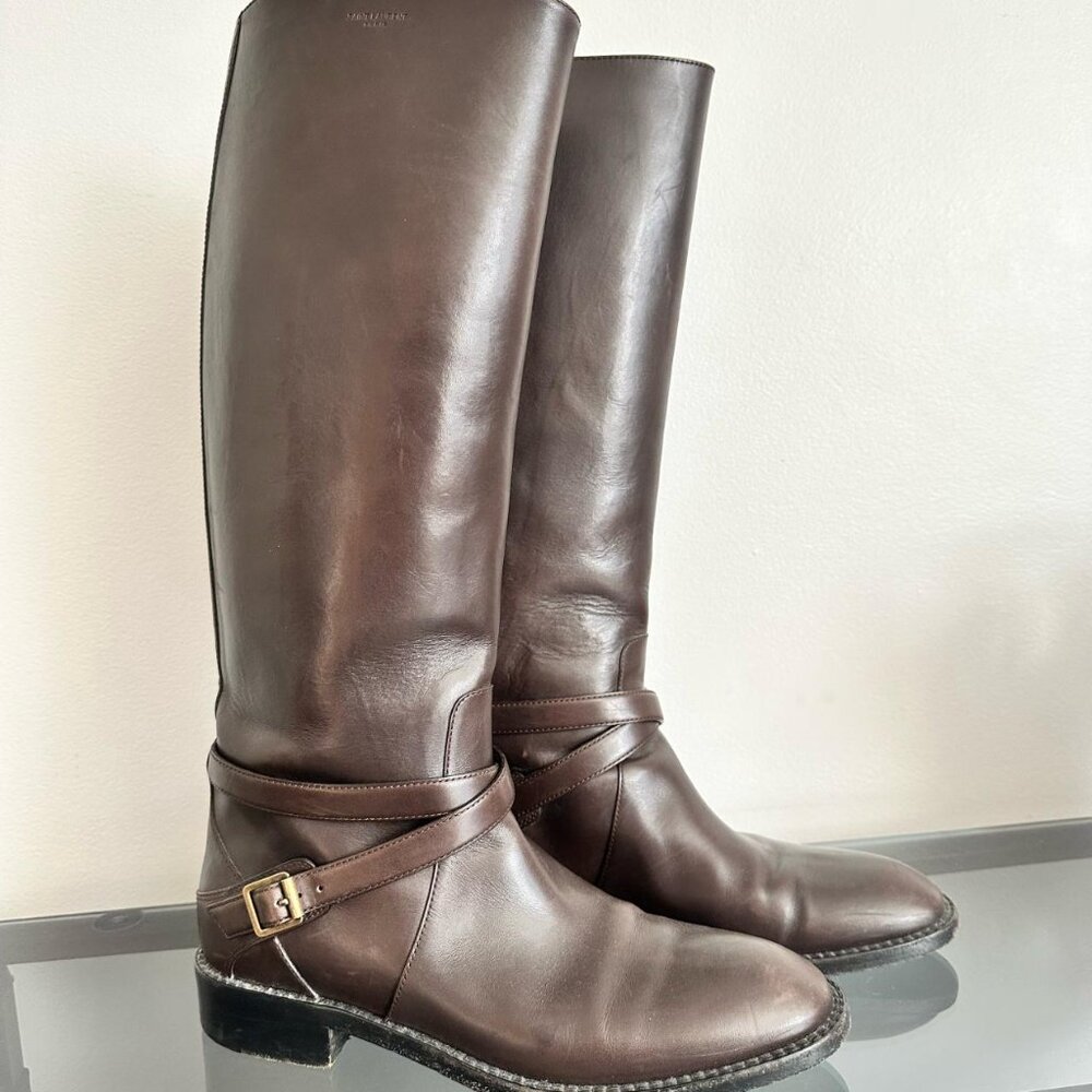 Saint Laurent 20mm Cavaliere Leather Tall Riding Boots in Brown EU 38